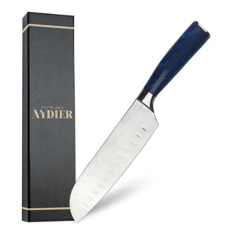 Stainless Steel Santoku Knife with Blue Handle - packaging box