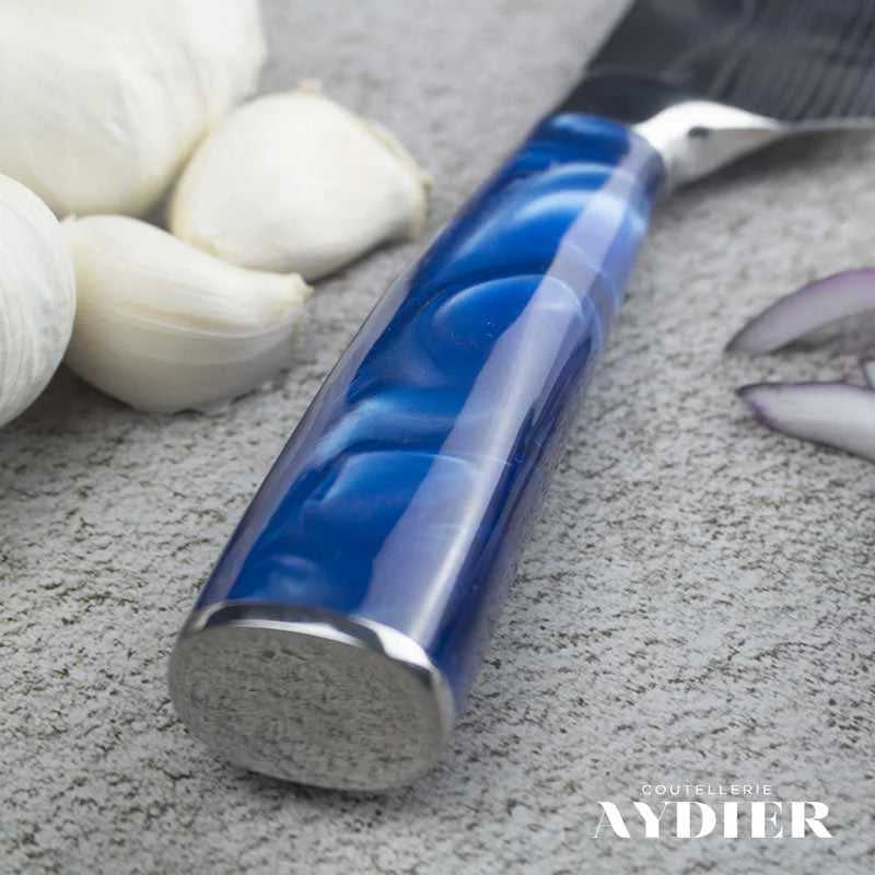 Stainless Steel Santoku Knife with Blue Handle - blade focus