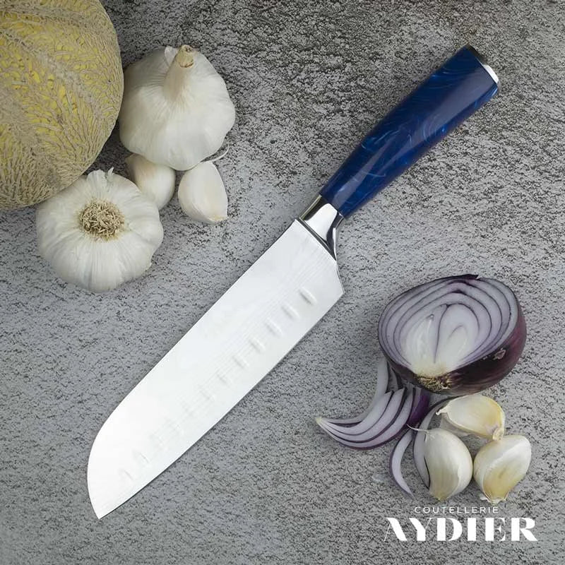 Stainless Steel Santoku Knife with Blue Handle - main view